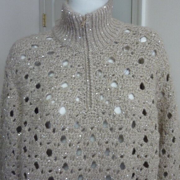 Brunello Cucinelli Paillette Round Open-Weave Cashmere Blend Zip Sweater - Picture 7 of 11